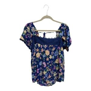 Blue floral square neck blouse Embroidered Neckline Open Back NWT Large Andree